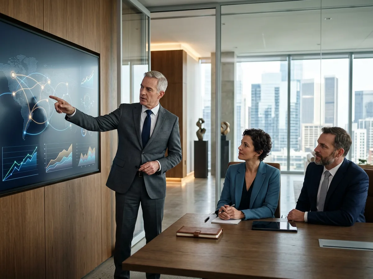 Level 7 NVQ Diploma in Strategic Management and Leadership – senior executive reviewing organisational strategy with management colleagues