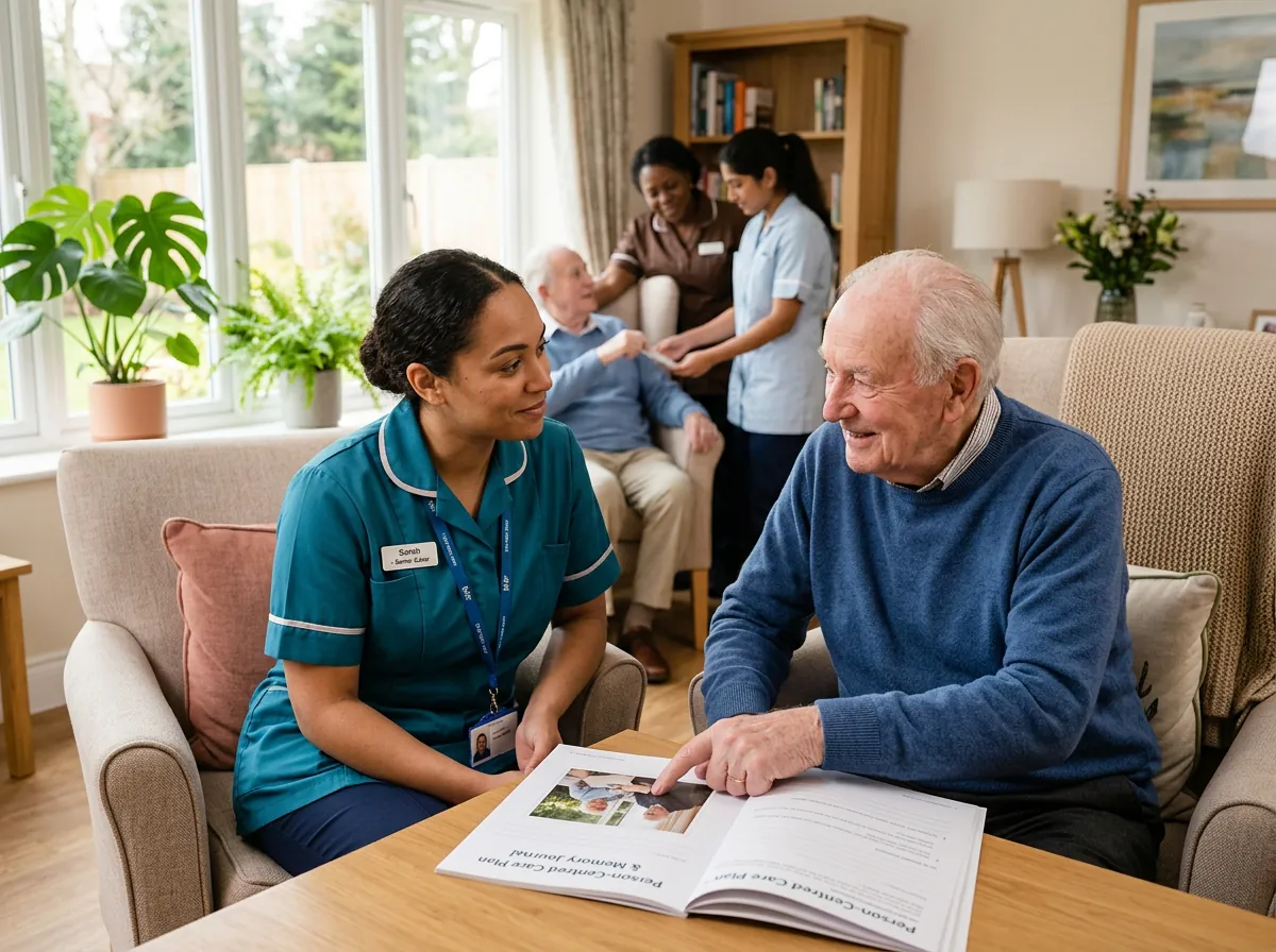 Health and Social Care courses – care professional and older adult discussing a person-centred activity plan