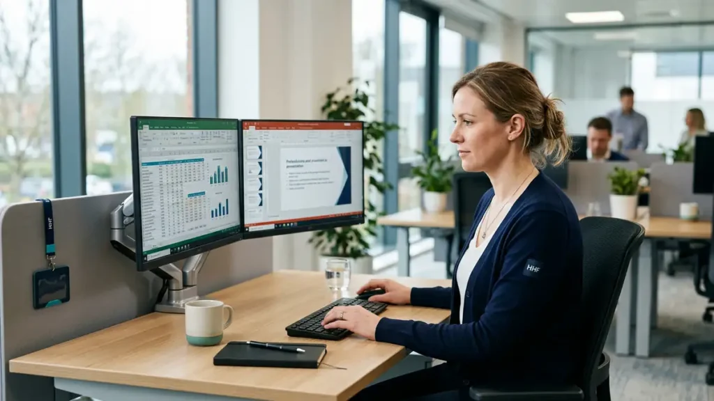Adult professional working with dual monitors for the Level 3 Certificate for IT Users at HHF Training