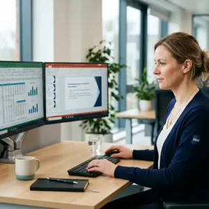 Adult professional working with dual monitors for the Level 3 Certificate for IT Users at HHF Training