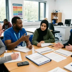 Adult care trainees learning with a tutor for the Level 3 Certificate in Preparing to Work in Adult Social Care at HHF Training