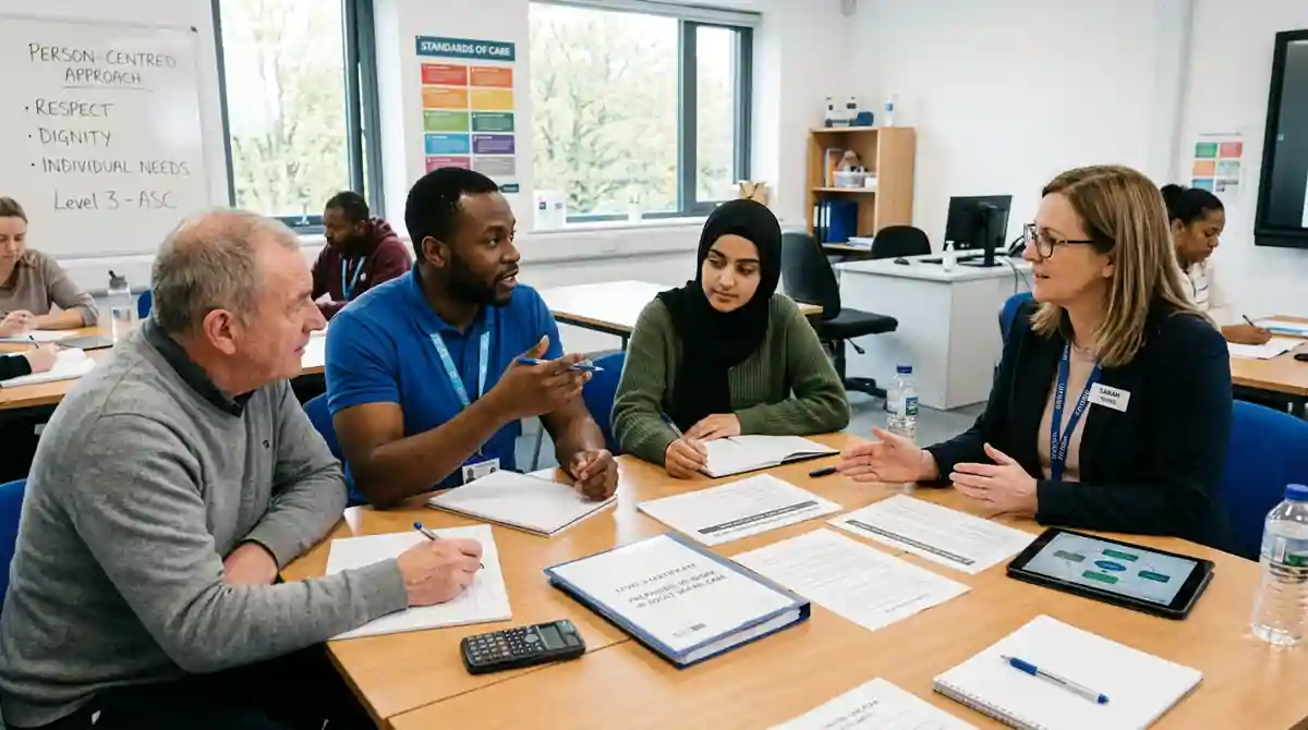 Level 3 Certificate in Preparing to Work in Adult Social Care Adult care trainees learning with a tutor for the Level 3 Certificate in Preparing to Work in Adult Social Care at HHF Training
