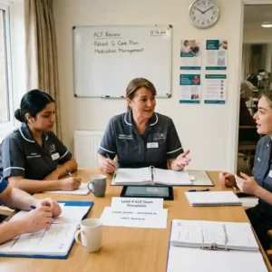Senior practitioner leading a care team discussion for the Level 4 Diploma in Advanced Care Practitioner at HHF Training