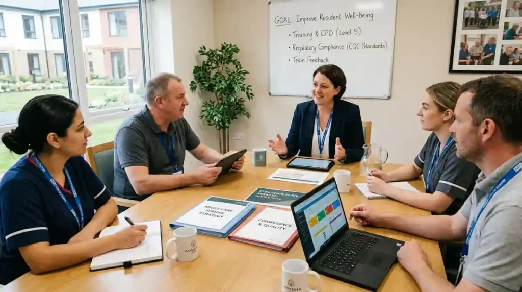 Care service manager chairing a team meeting for the Level 5 Diploma in Leading and Managing an Adult Care Service at HHF Training