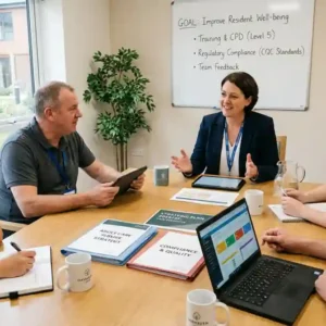 Care service manager chairing a team meeting for the Level 5 Diploma in Leading and Managing an Adult Care Service at HHF Training